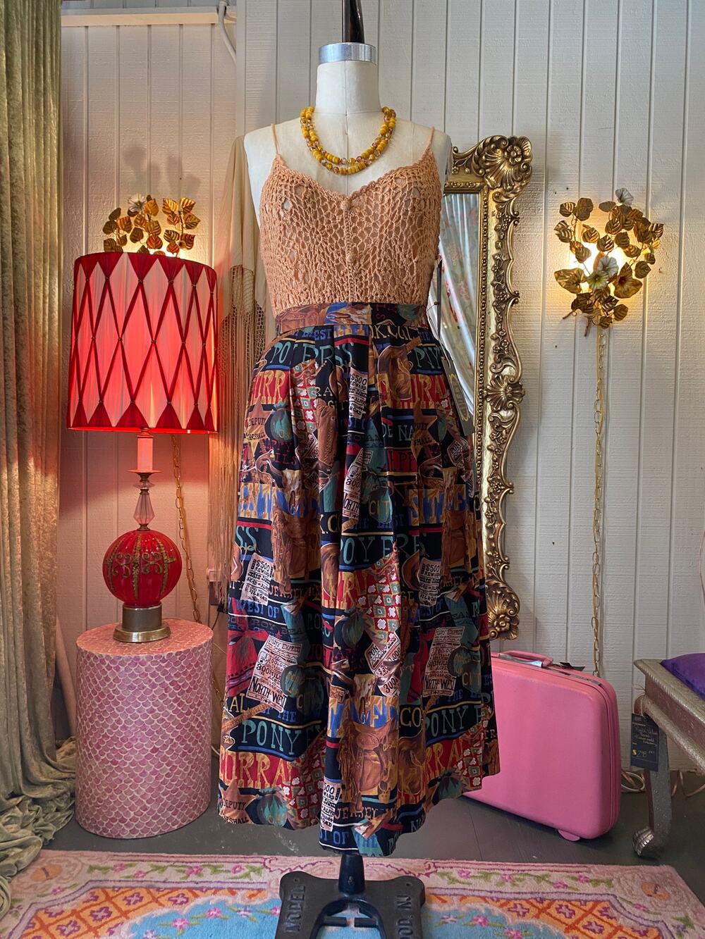 vintage 1990s novelty print skirt, high waist, midi, western, cowgirl ad, patch